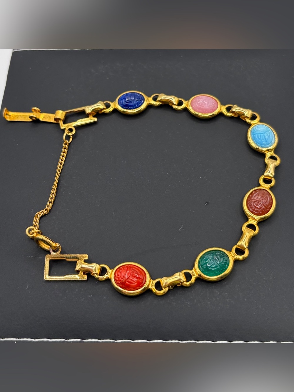Gold-Tone Multicolor Scarab Link Bracelet - Red, Green, Blue, Pink